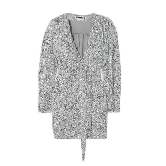 ROTATE BIRGER CHRISTENSEN Samantha Sequined Stretch Mini Wrap Dress Silver 4 - Picture 3 of 13